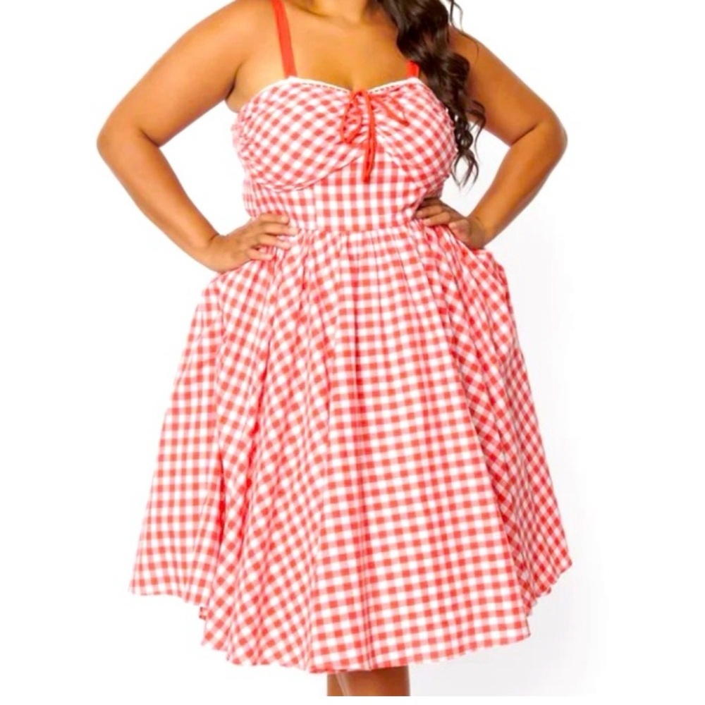 NWOT Unique Vintage Plus Size Coral Red Gingham Golightly Swing Dress (1X/16)